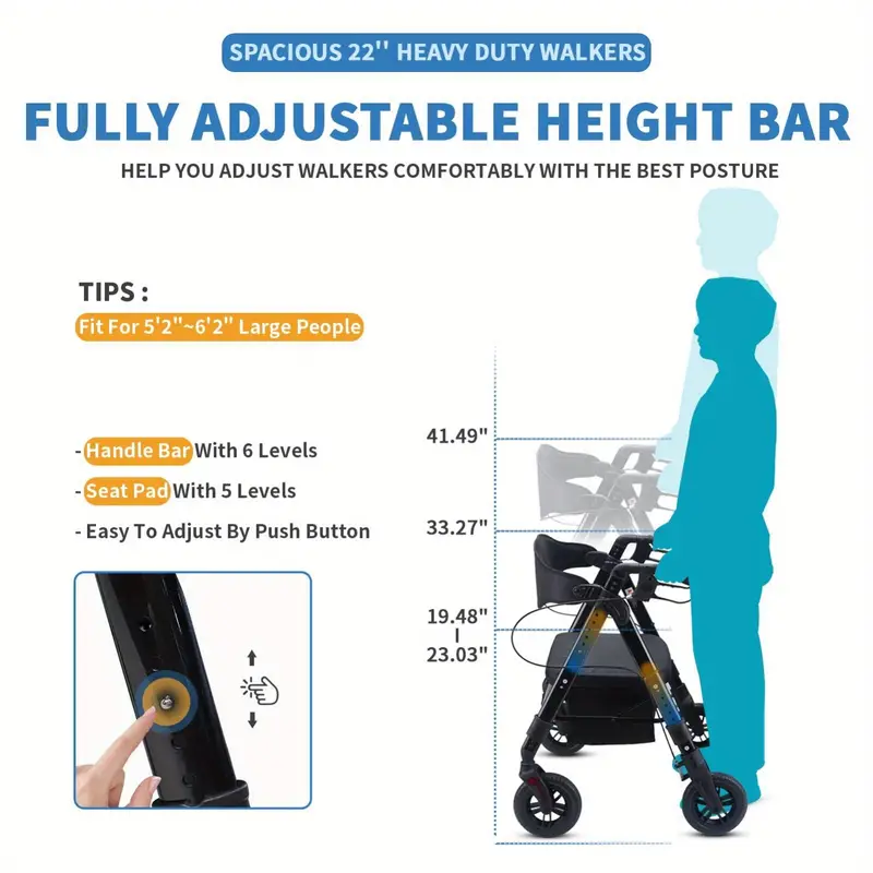 Andador de ruedas resistente para personas grandes de 450 libras, con asiento extra espacioso, NO apto para puertas estándar de 26" de ancho, un poco voluminoso para personas mayores ligeras