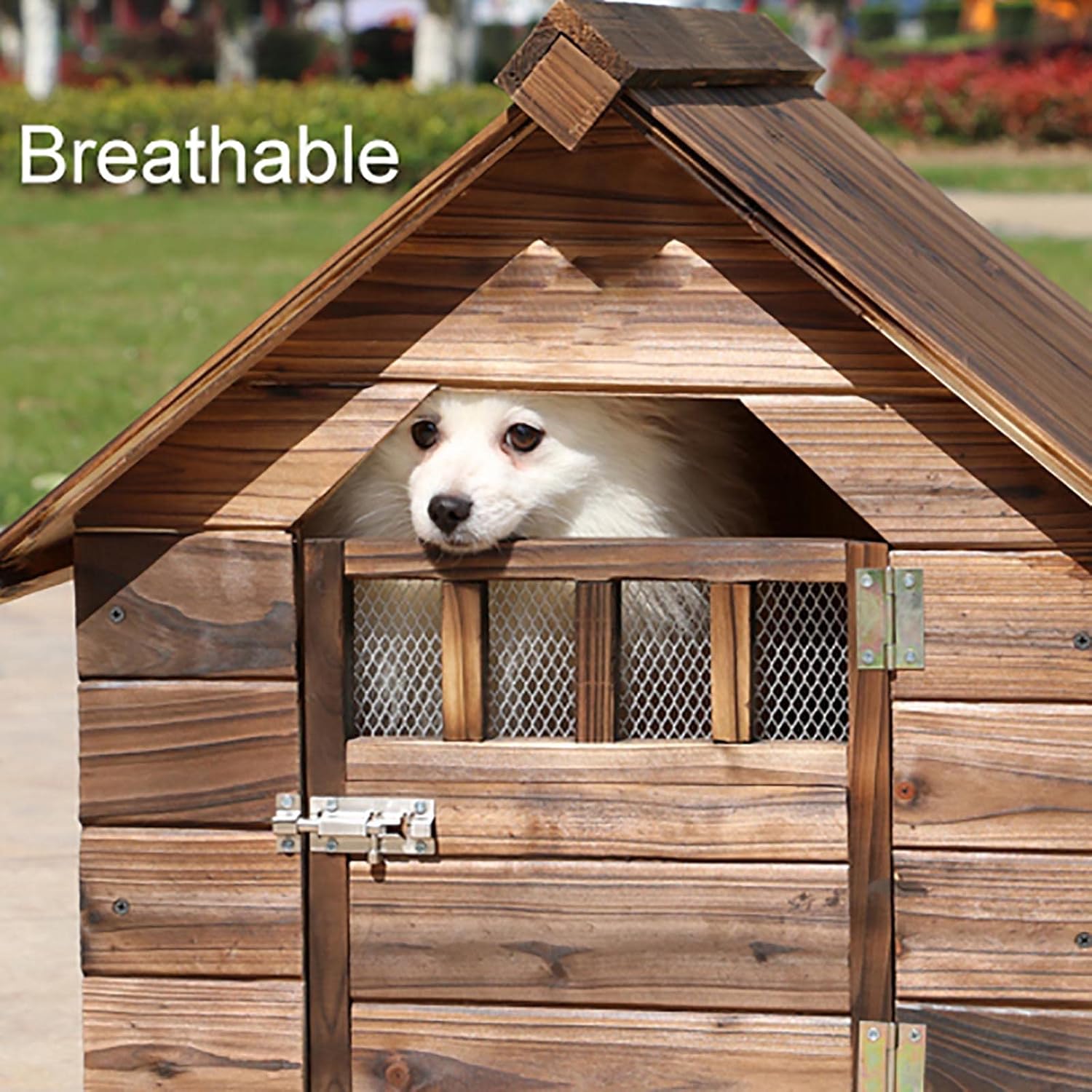 Casa grande de madera para perros al aire libre, resistente al viento y a la lluvia, con puertas y ventanas, cubierta de camuflaje para lluvia, tamaño: 56 x 45 x 48 cm
