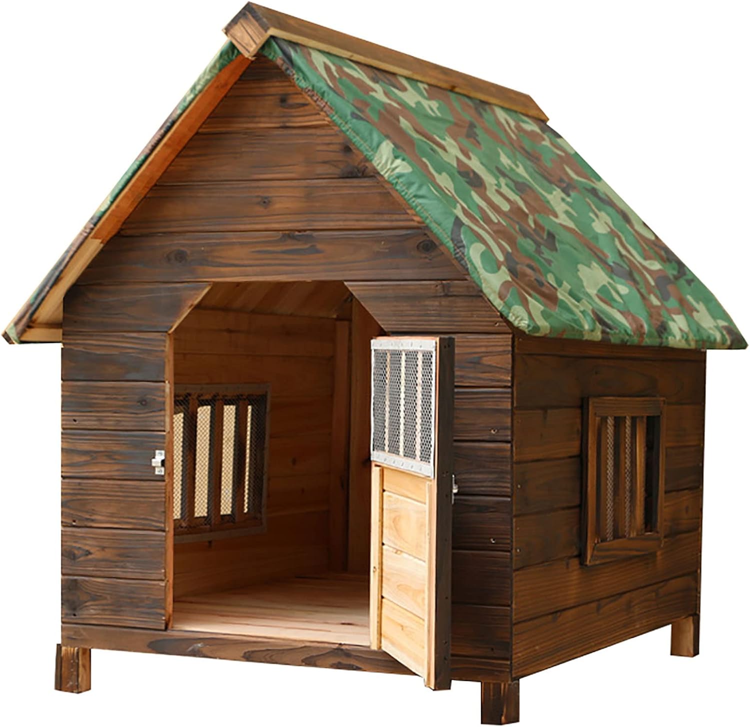 Casa grande de madera para perros al aire libre, resistente al viento y a la lluvia, con puertas y ventanas, cubierta de camuflaje para lluvia, tamaño: 56 x 45 x 48 cm
