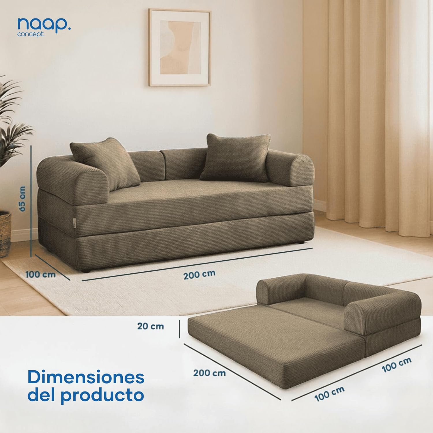 Sofá Cama Teddy Luxe | Diseño Convertible | Hecho 100% de Espuma | Comodidad y Versatilidad | 200x100x65 cm (Chocolate)