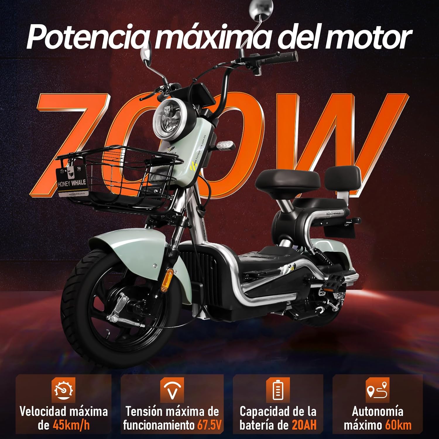 HONEYWHALE KC-Cool Bicicleta Electrica para Adultos, Bicimoto Eléctrica con Alarma, Máxima del Motor 700W, Velocidad Máxima 45KM/H, Autonomía 55-60KM, Baterías de Gran Capacidad 20AH