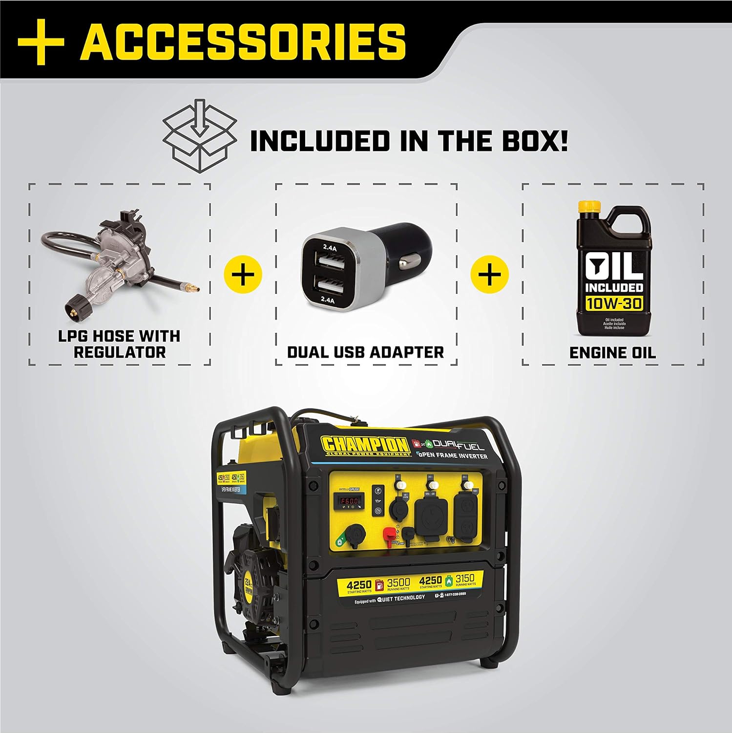 Champion Power Equipment 4250 W Dual Fuel RV Ready Portable Open Frame Inverter Generador con tecnología silenciosa