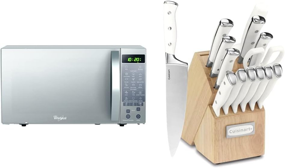 Whirlpool WM1211D Horno de Microondas con 1.1 Pies Cúbicos, Plata + Cuisinart - C77WTR-15P Juego de cuchillos clásico forjado de triple remache, Set de 15 piezas, blanco