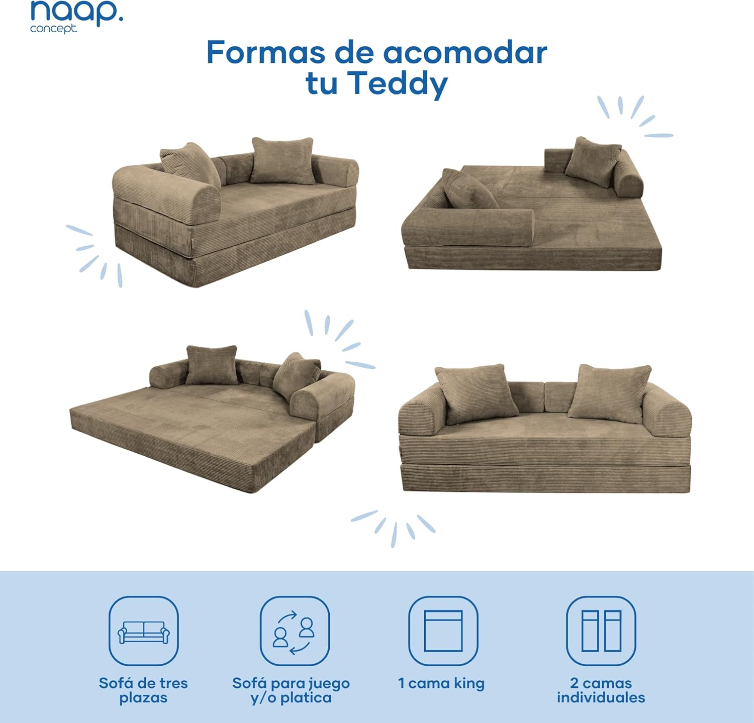 Sofá Cama Teddy Luxe | Diseño Convertible | Hecho 100% de Espuma | Comodidad y Versatilidad | 200x100x65 cm (Chocolate)