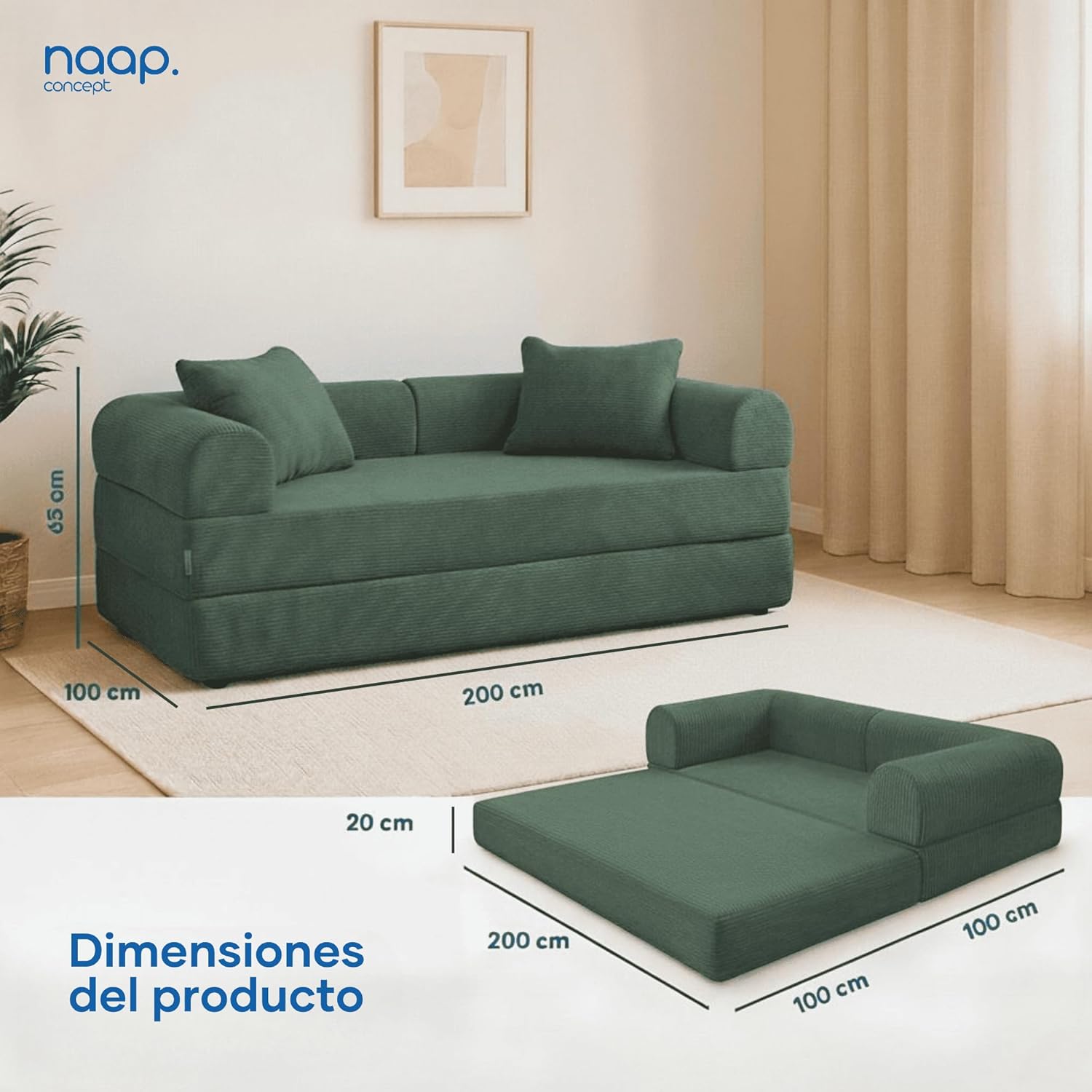 Sofá Cama Teddy Luxe | Diseño Convertible | Hecho 100% de Espuma | Comodidad y Versatilidad | 200x100x65 cm (Chocolate)