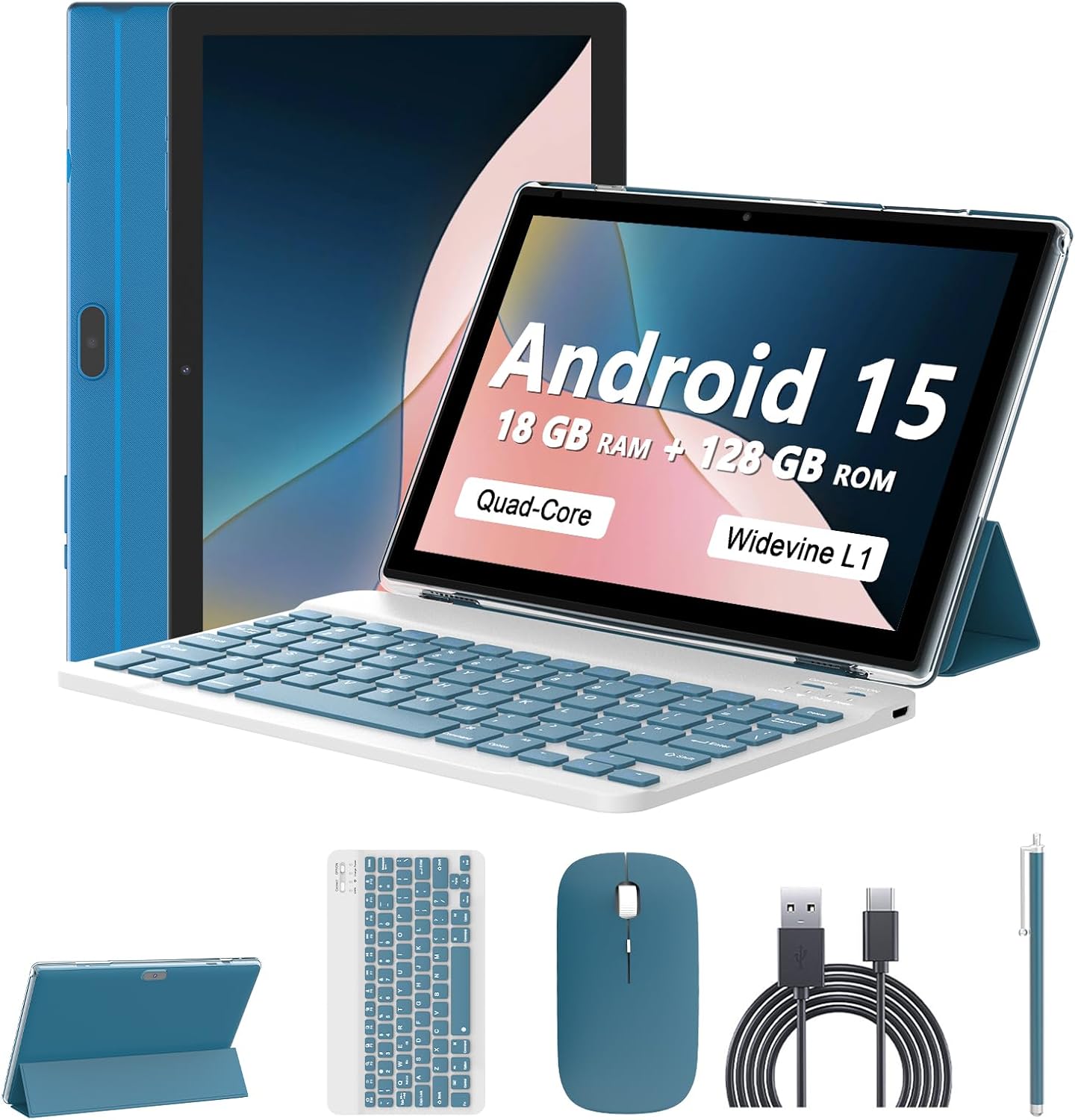 Tablet Android 15 de 10 pulgadas, 18 GB de RAM+128 GB de ROM/2 TB expandible, tabletas 2 en 1 con funda de teclado, lápiz capacitivo de mouse, procesador de cuatro núcleos de 2.0 GHz, visualización