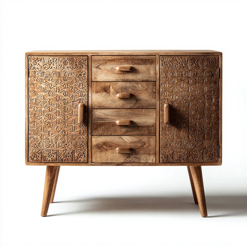 Commode bois sculpté 90x40x85 cm - marron - design artisanal-Villaoliq