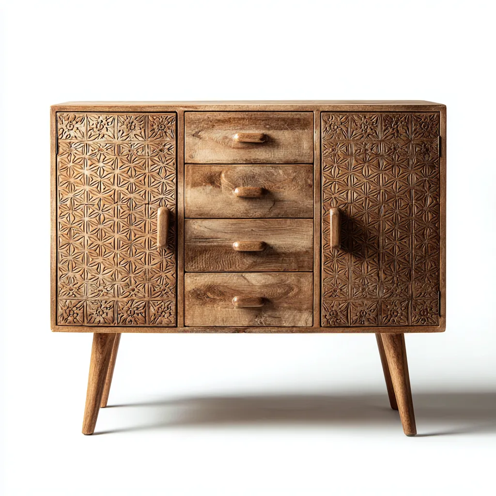 Commode bois sculpté 90x40x85 cm - marron - design artisanal-Villaoliq