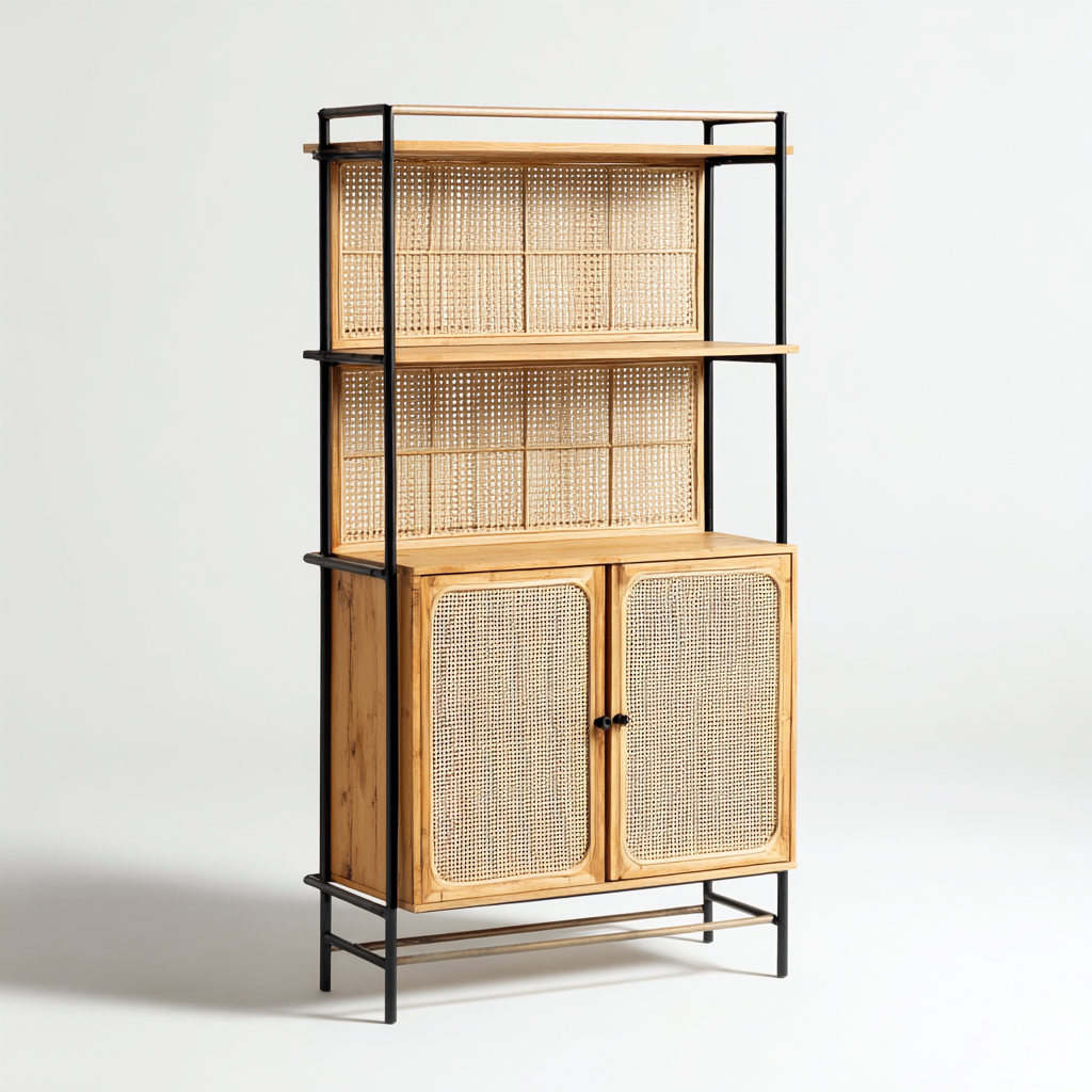 Bibliothèque bois et rotin 80x35x170 cm - portes en rotin - style naturel-Villaoliq