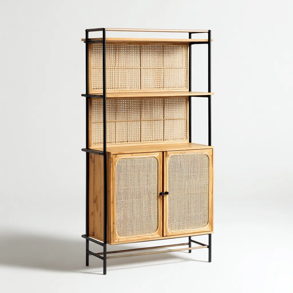 Bibliothèque bois et rotin 80x35x170 cm - portes en rotin - style naturel-Villaoliq