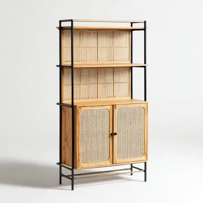 Bibliothèque bois et rotin 80x35x170 cm - portes en rotin - style naturel-Villaoliq