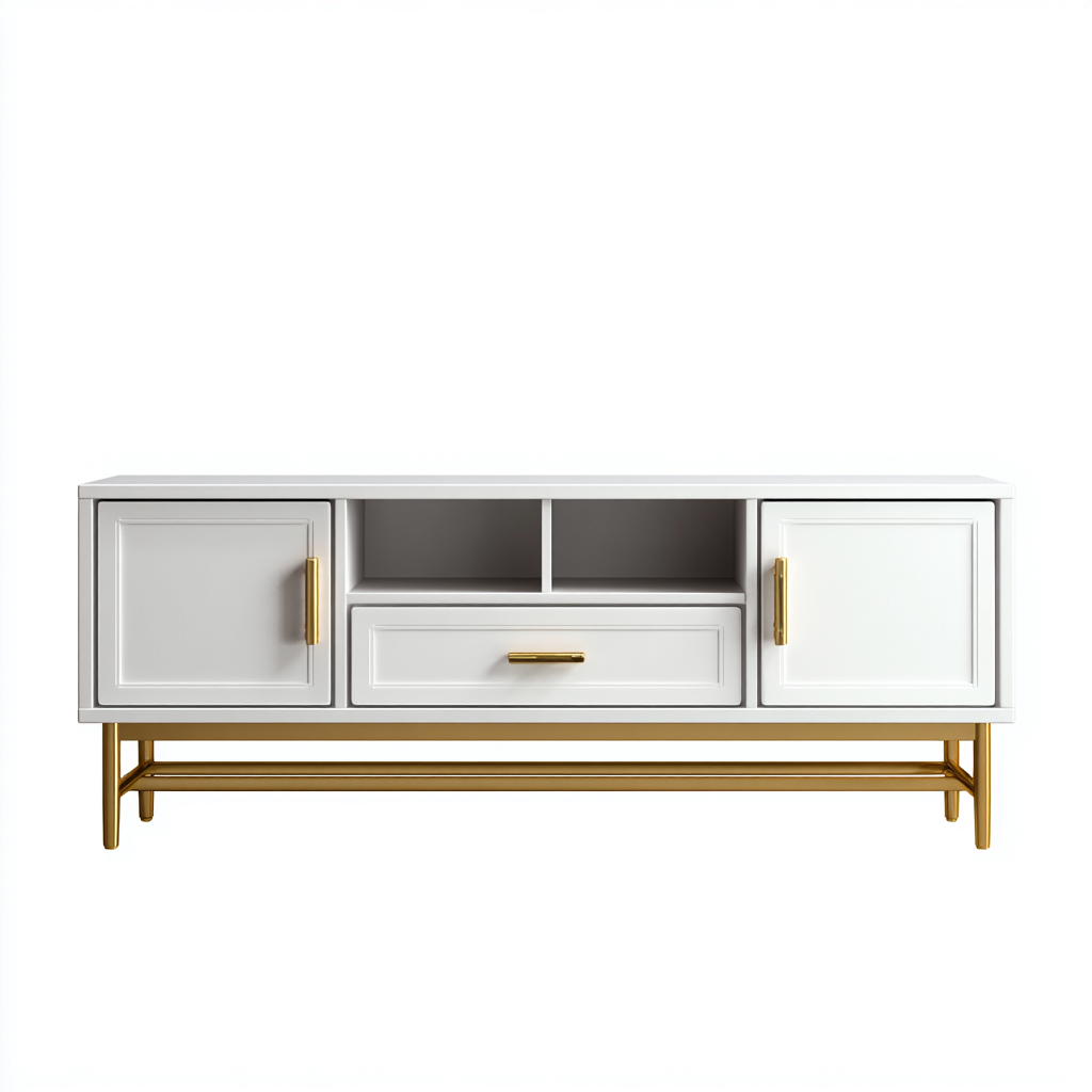 Meuble TV Bois-Métal 150x40x60 cm - Blanc-Or - Design moderne-Villaoliq