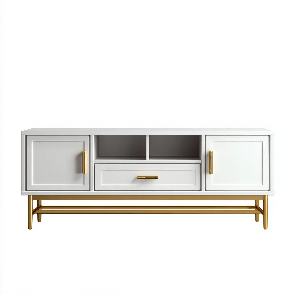 Meuble TV Bois-Métal 150x40x60 cm - Blanc-Or - Design moderne-Villaoliq