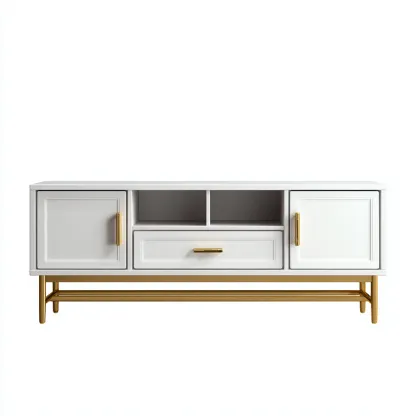 Meuble TV Bois-Métal 150x40x60 cm - Blanc-Or - Design moderne-Villaoliq