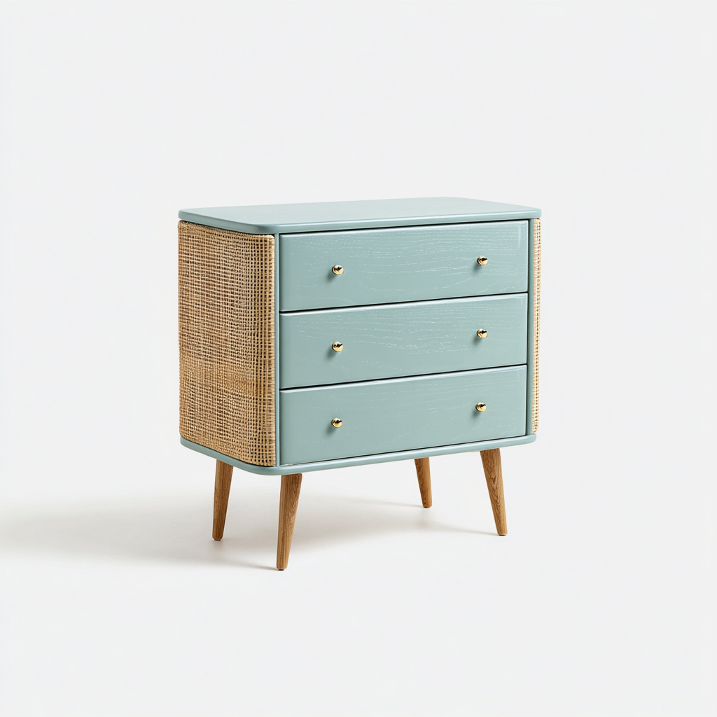 Commode bois rotin 75x38x80 cm - bleu clair - style moderne naturel-Villaoliq
