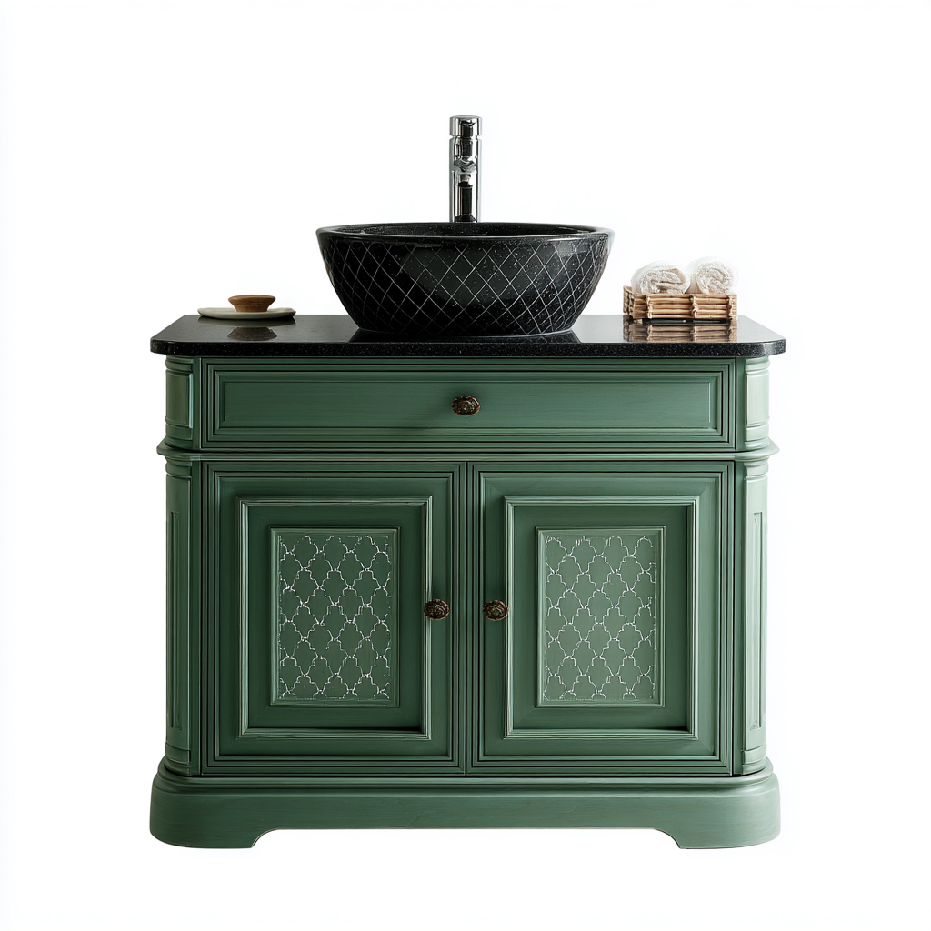 Meuble vasque 90x50x85 cm - bois MDF et céramique - vert-noir - design classique-Villaoliq