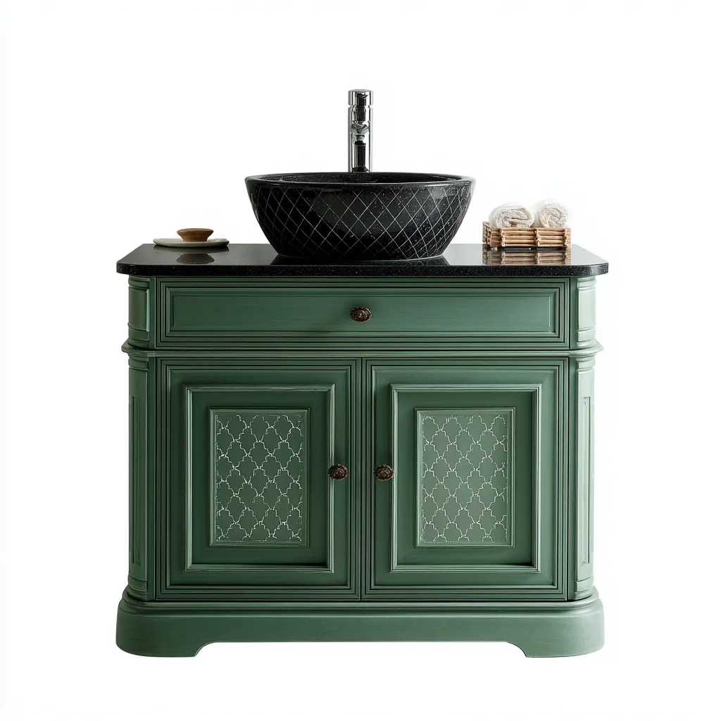 Meuble vasque 90x50x85 cm - bois MDF et céramique - vert-noir - design classique-Villaoliq