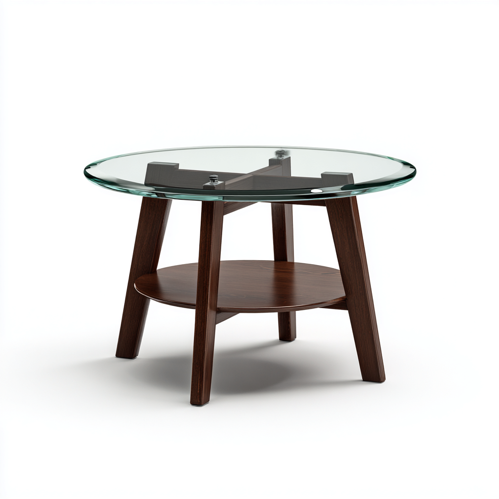 Table basse verre et bois 75x75x48 cm - plateau rond transparent - style moderne-Villaoliq
