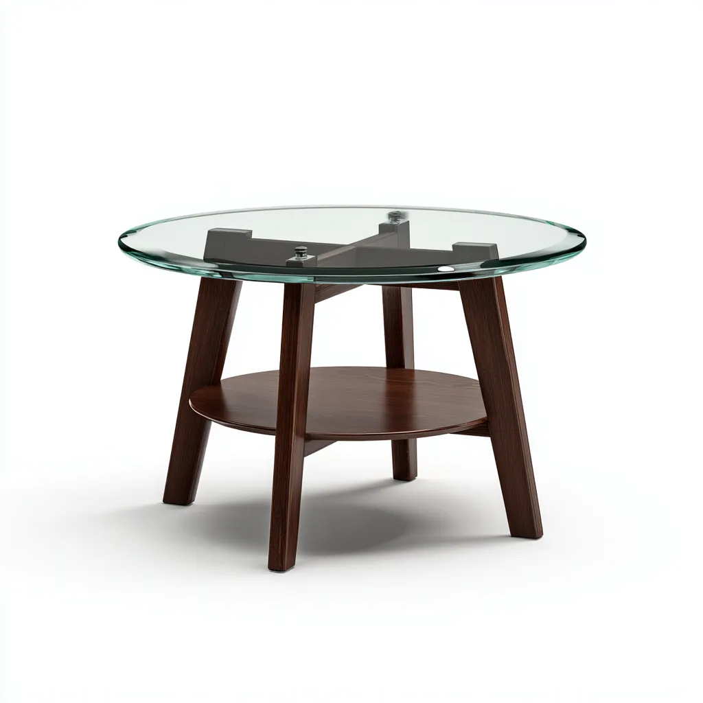 Table basse verre et bois 75x75x48 cm - plateau rond transparent - style moderne-Villaoliq