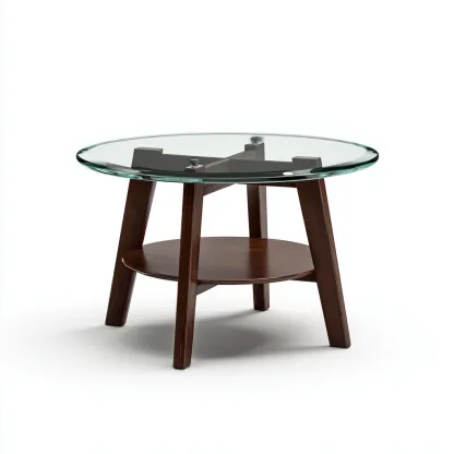 Table basse verre et bois 75x75x48 cm - plateau rond transparent - style moderne-Villaoliq