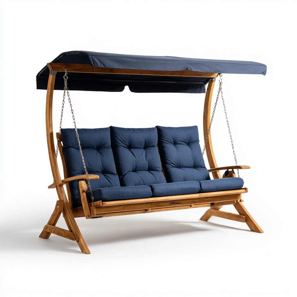 Dondolo de jardin 200x120x170 cm bois et tissu bleu - adapté à l'extérieur - design confortable-Villaoliq