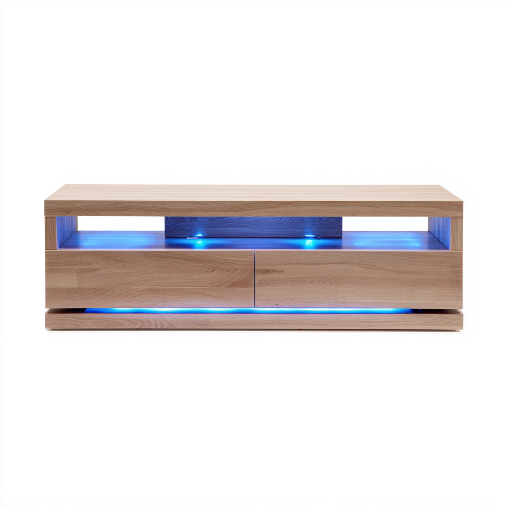 Meuble TV bois LED 140x40x45 cm - chêne clair-bleu - style moderne-Villaoliq