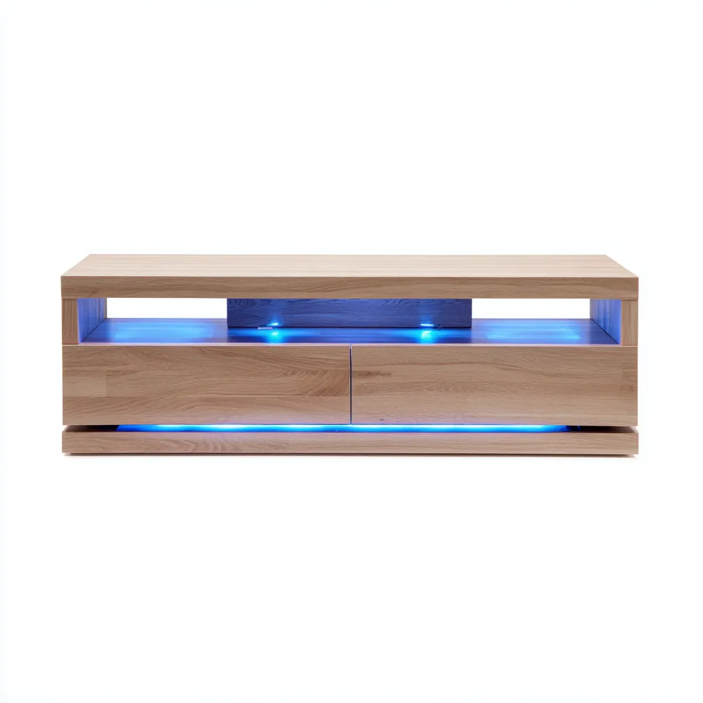 Meuble TV bois LED 140x40x45 cm - chêne clair-bleu - style moderne-Villaoliq