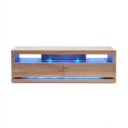 Meuble TV bois LED 140x40x45 cm - chêne clair-bleu - style moderne-Villaoliq