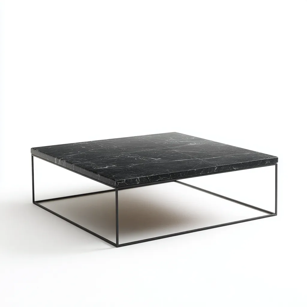 Table basse marbre métal 100x100x30 cm - noir - style moderne-Villaoliq