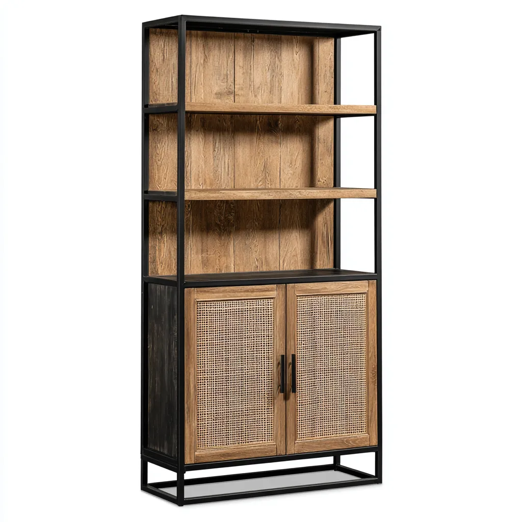 Bibliothèque métal et bois 80x35x180 cm - portes tressées - style industriel-Villaoliq