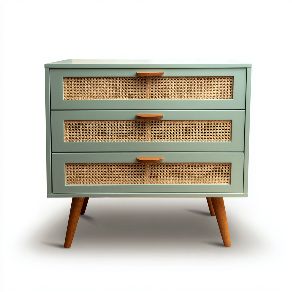 Commode bois-rotin 70x40x75 cm - vert - style vintage-Villaoliq