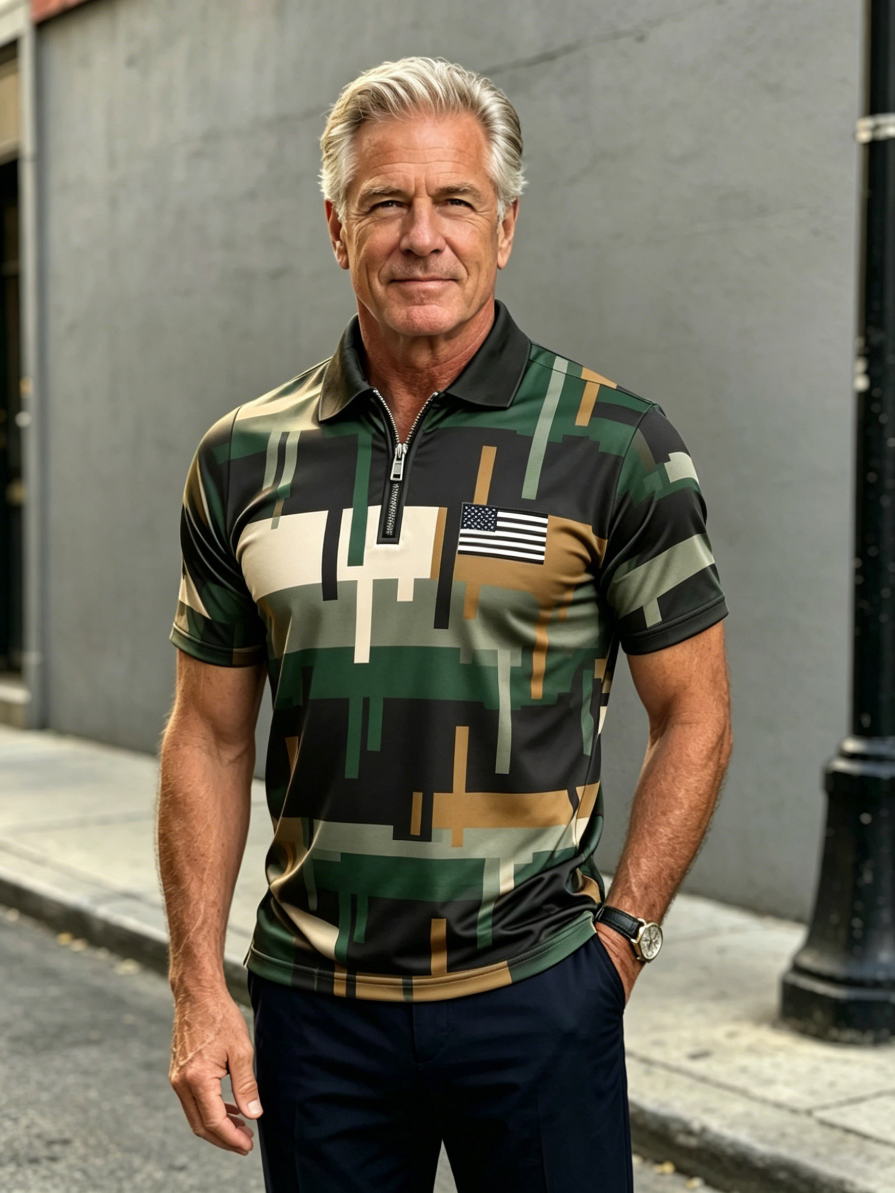 Men's Retro "Patriot" Color-Block Short-Sleeve Half-Zip Polo Shirt