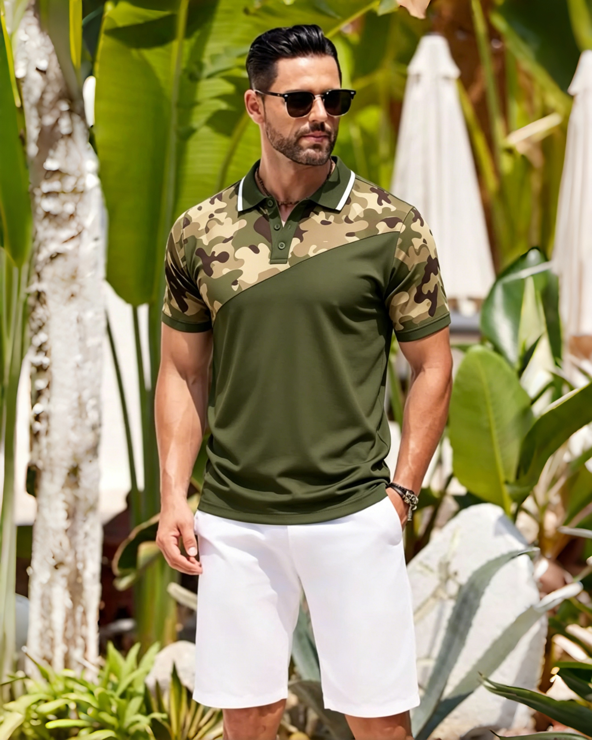 Outdoor Desert Camo and Olive Green Contrast Polo