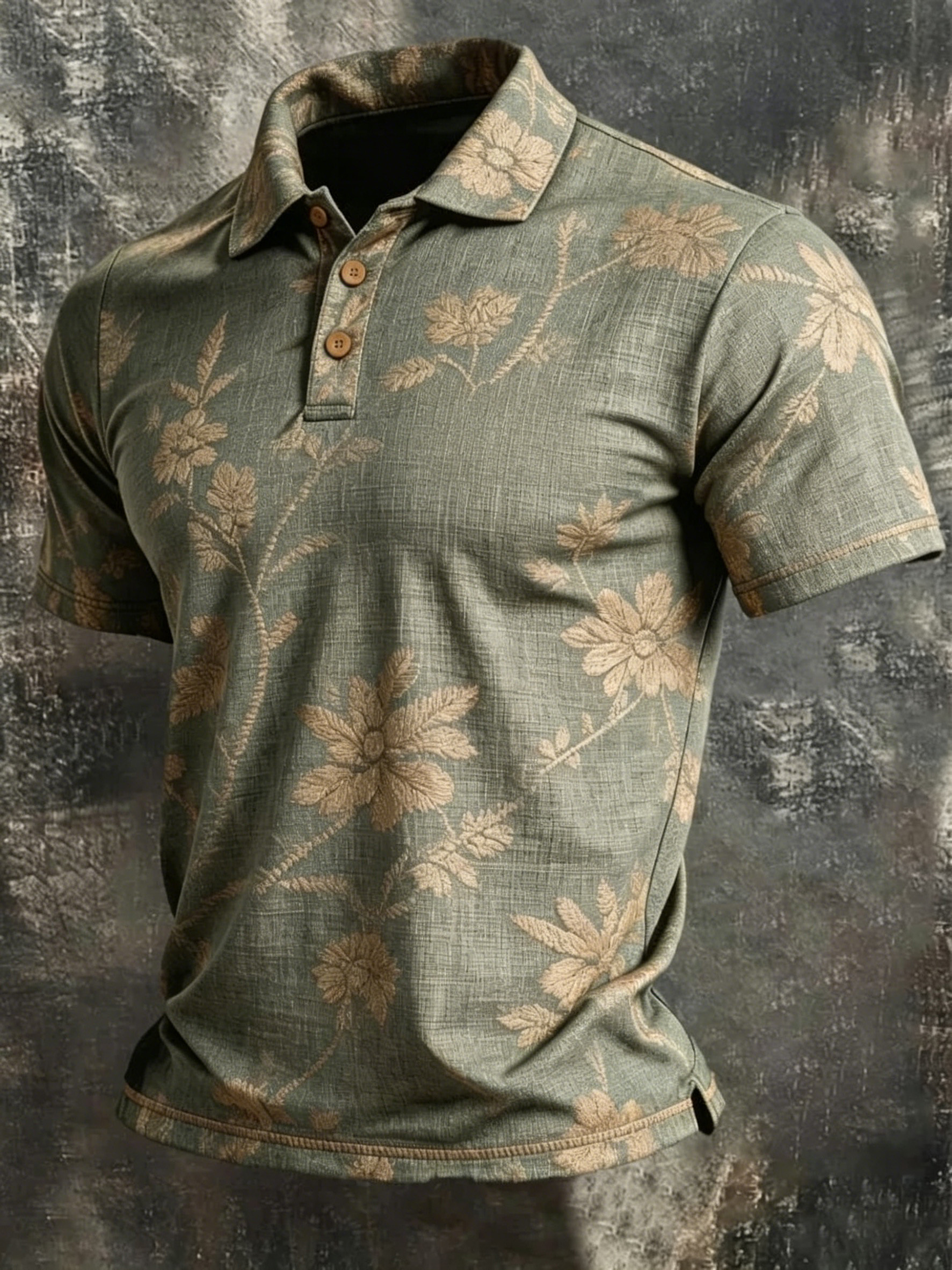Men's Olive Floral Print Polo, Breathable Summer Vacation Wear