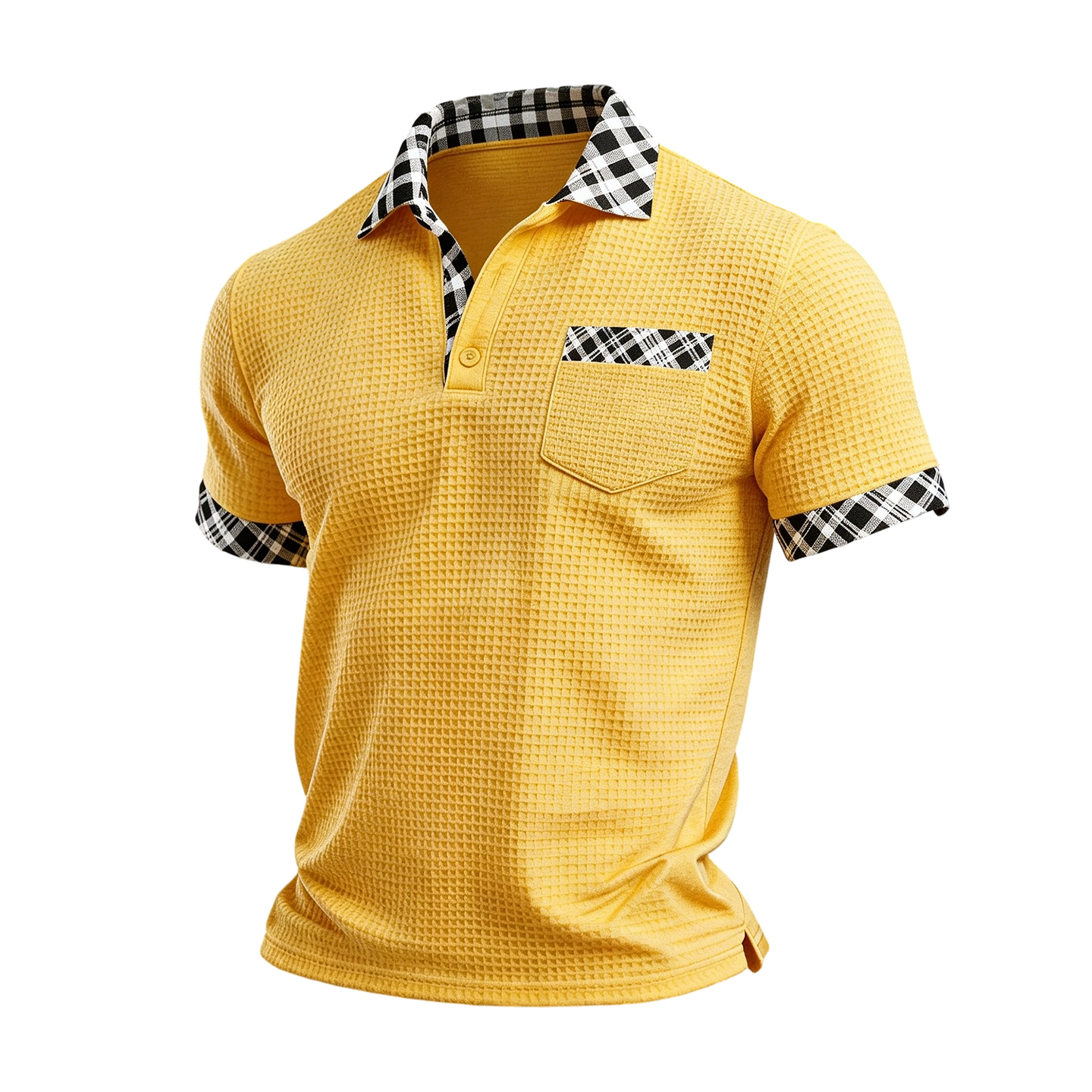 Men's Waffle Knit Plaid Trim Polo Shirt