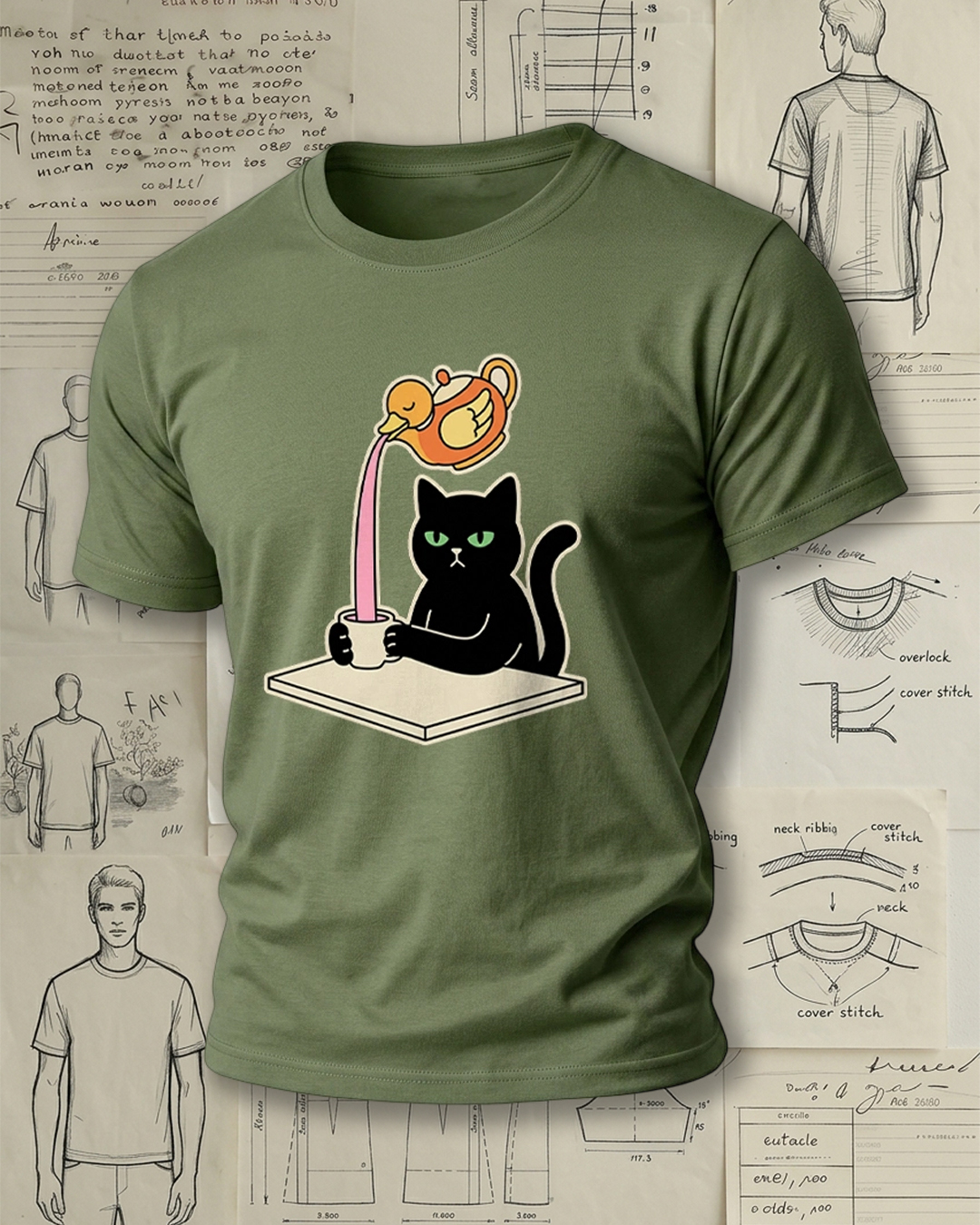 Black Cat Drinking Pink Liquid from Duck-Shaped Pot Print Retro Cute Unisex T-Shirt