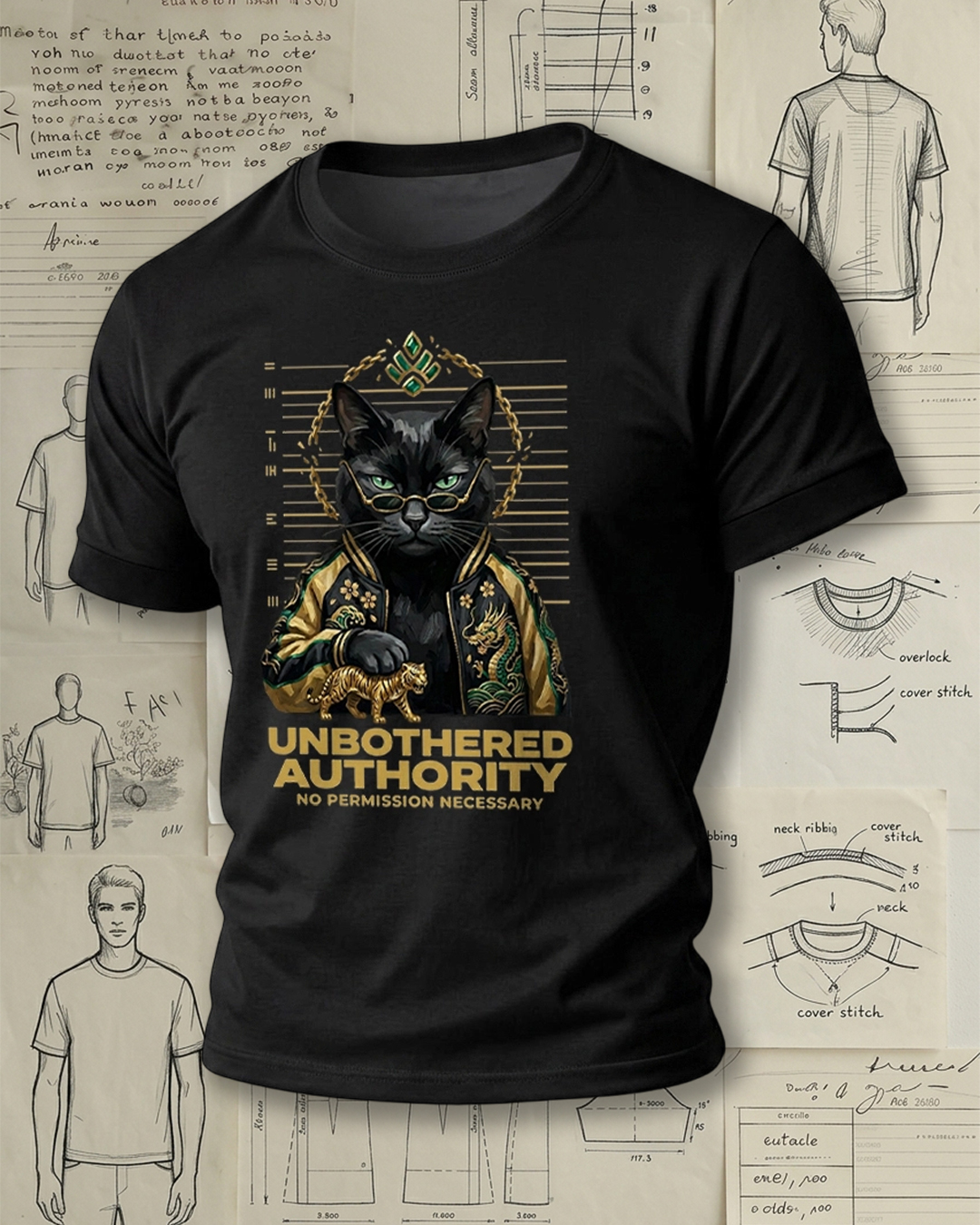 Black Cat Holding Tiger with Chinese Style Print Retro Cool Unisex T-Shirt
