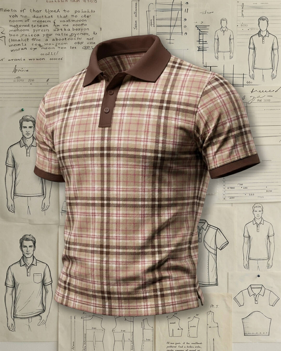 Brown Plaid Contrast Solid Collar Collared Polo Shirt