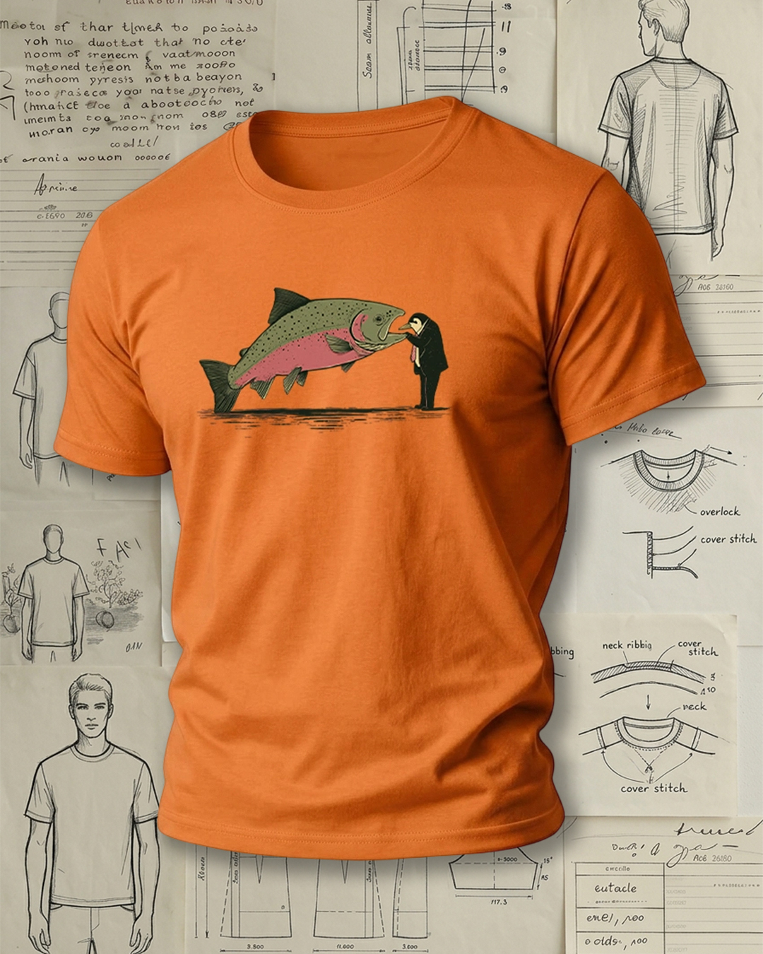 Suit Man Kissing Trout Print Retro Funny Unisex T-Shirt