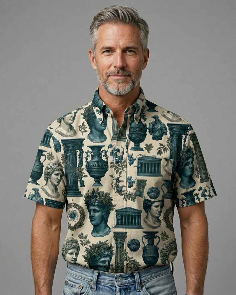 Men's Ivory Base Retro Greek God Print Short Sleeve Turn-Down Collar Casual Shirt