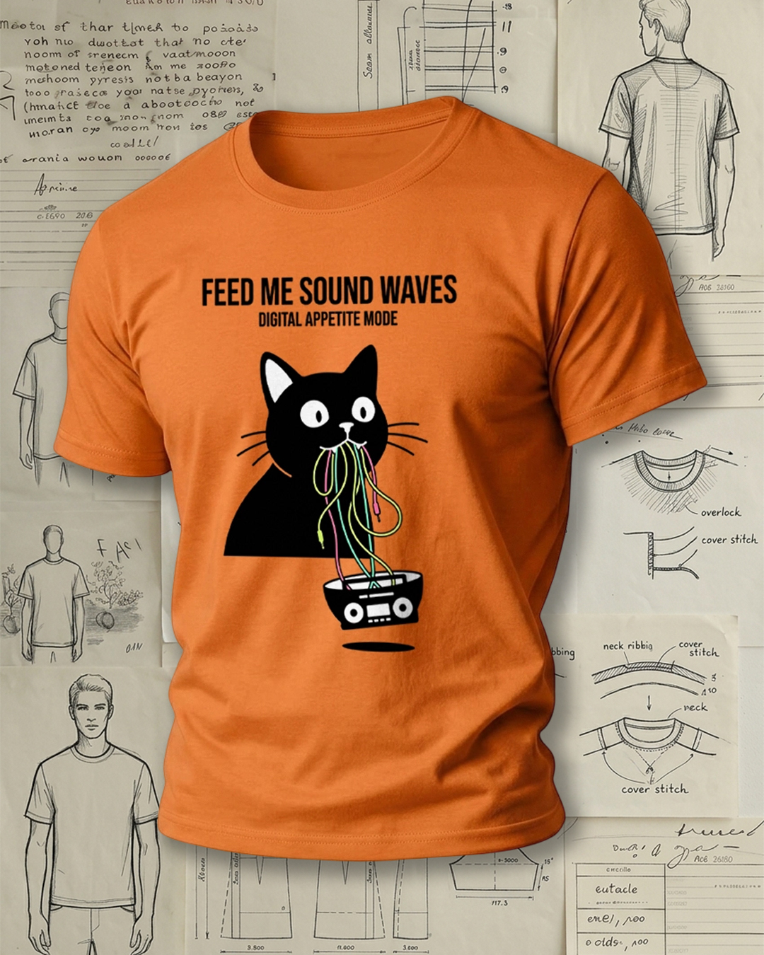 Black Cat Eating Radio Print Retro Cool Unisex T-Shirt