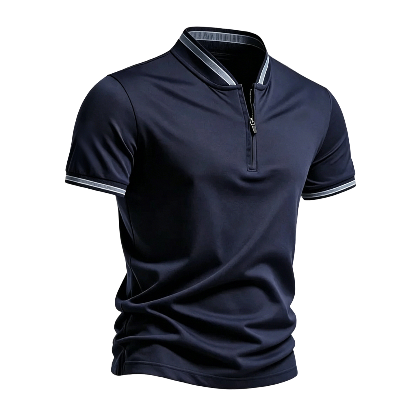 Men's Navy Blue Zip Up Polo Shirt with Contrast Trim