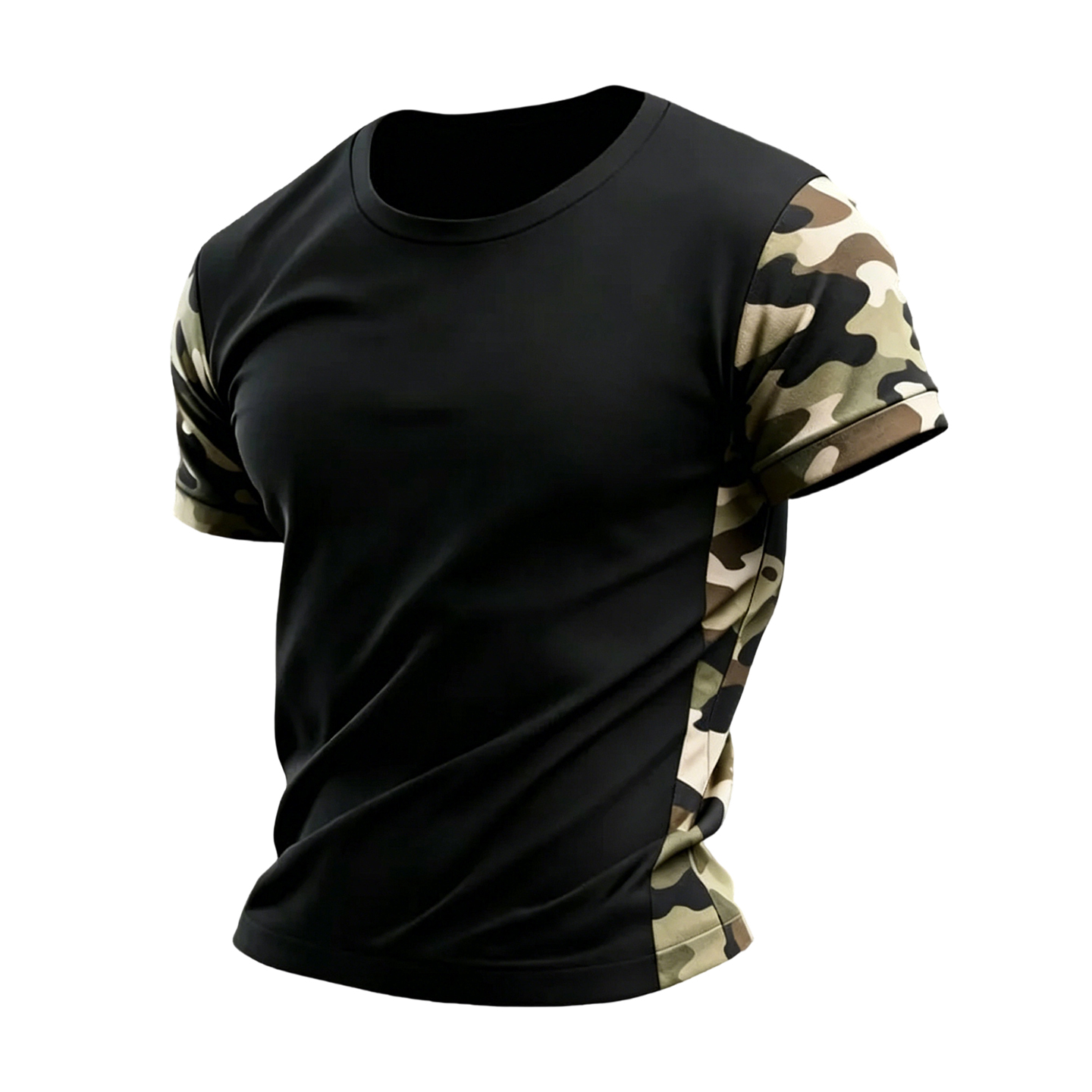 Men's Black Camo Panel Short Sleeve Crew Neck T-Shirt