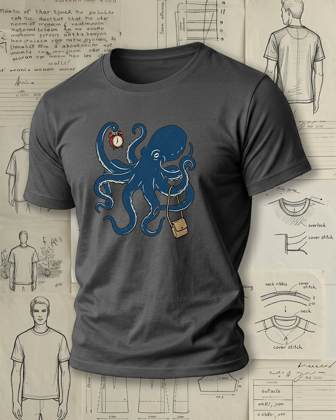 Octopus Carrying Bag and Holding Clock Print Retro Funny Unisex T-Shirt