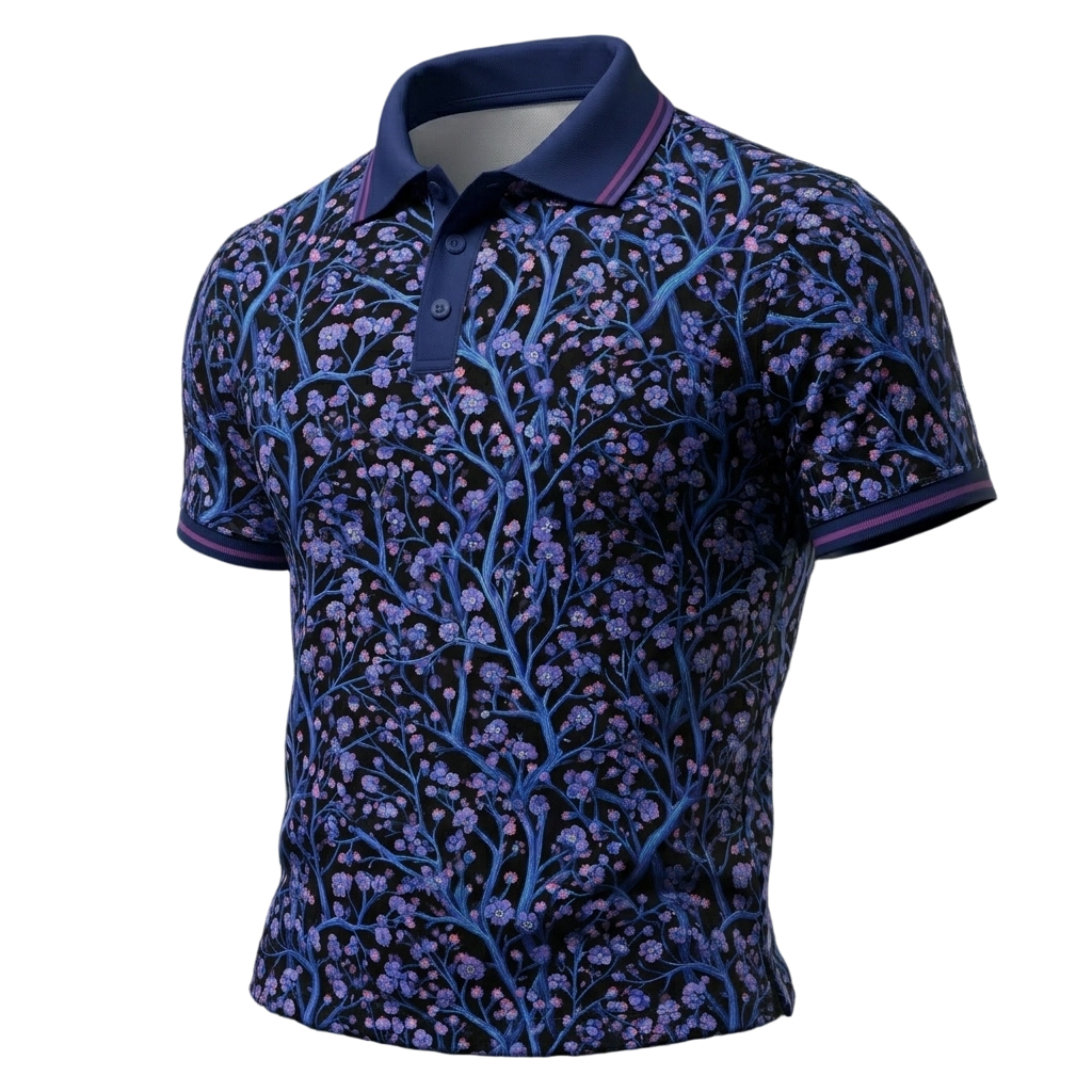 Men’s Purple Blossom Print Short Sleeve Polo Shirt