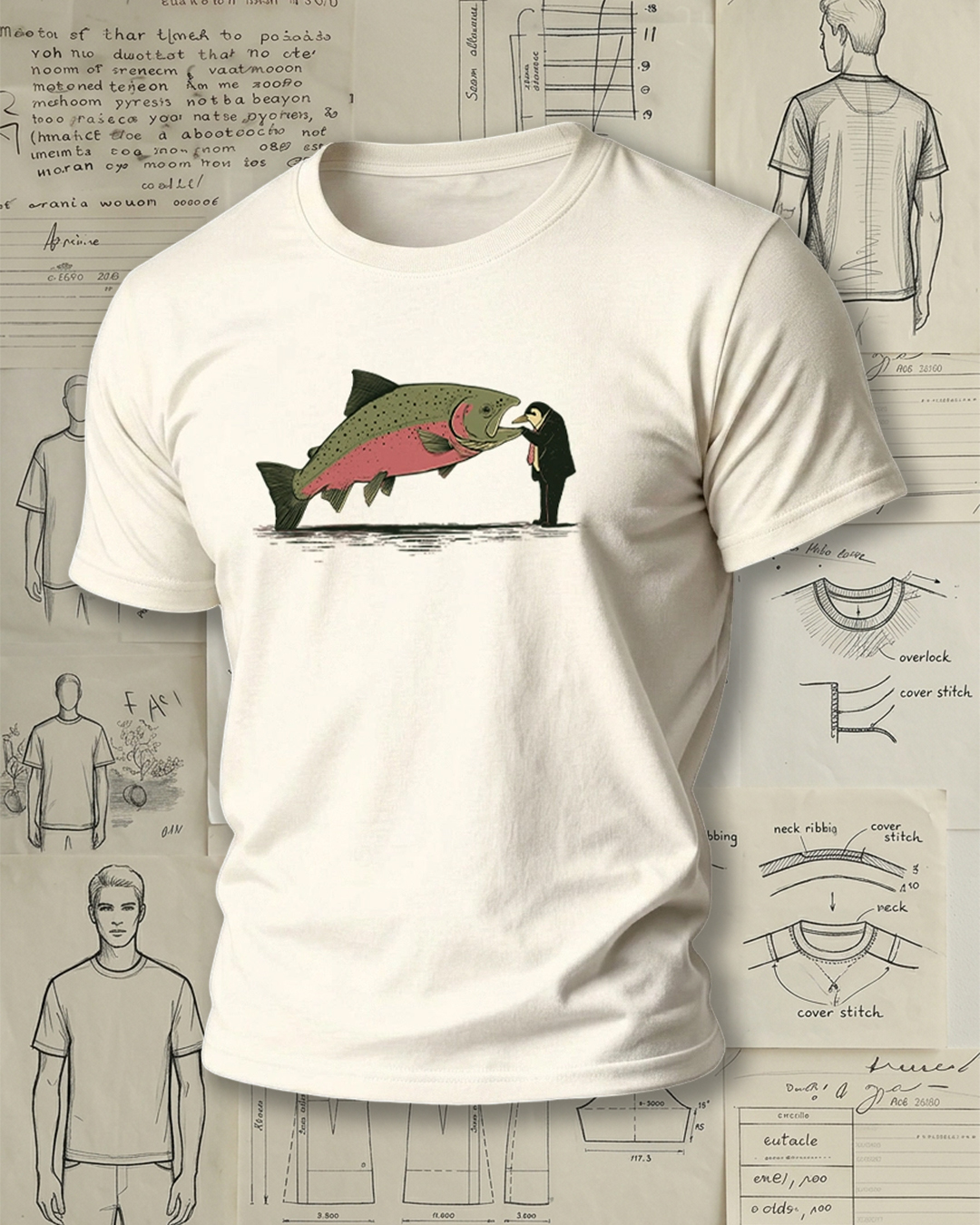 Suit Man Kissing Trout Print Retro Funny Unisex T-Shirt