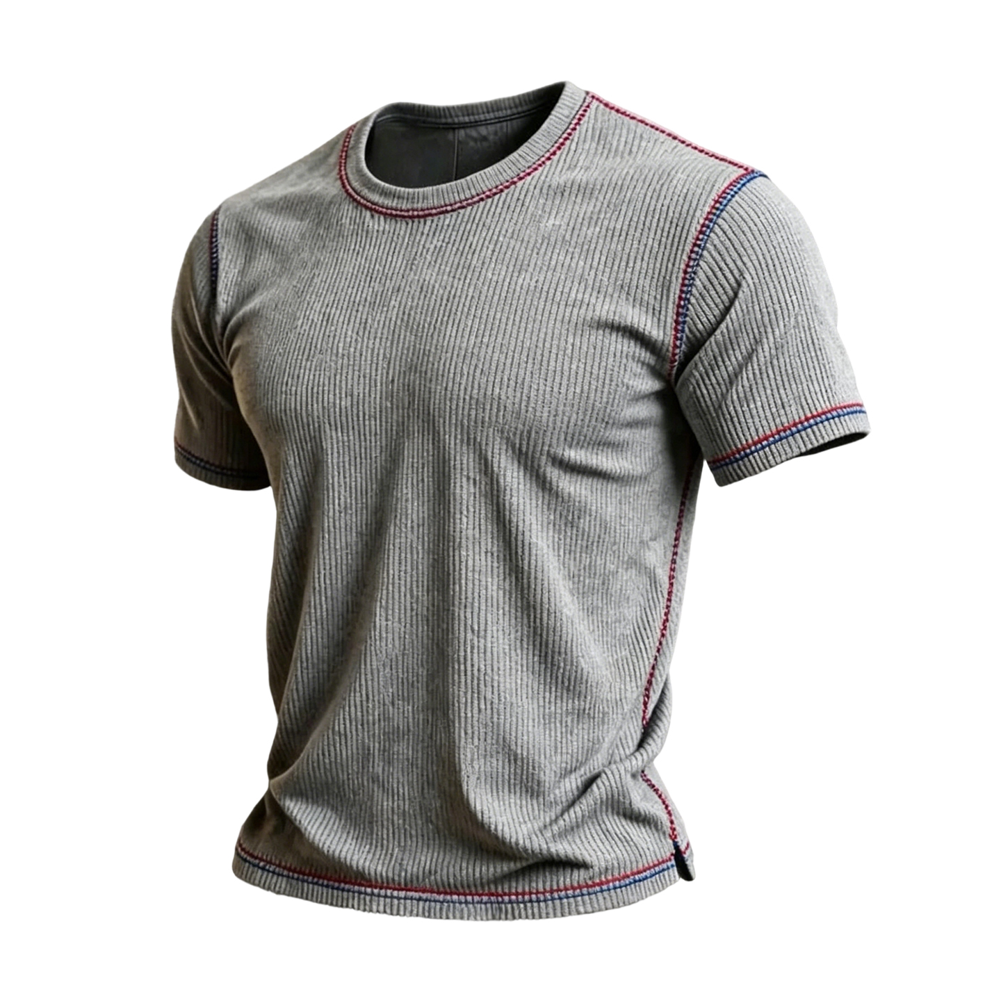 Men's Ribbed Knit Crew Neck T-Shirt with Contrast Stitching