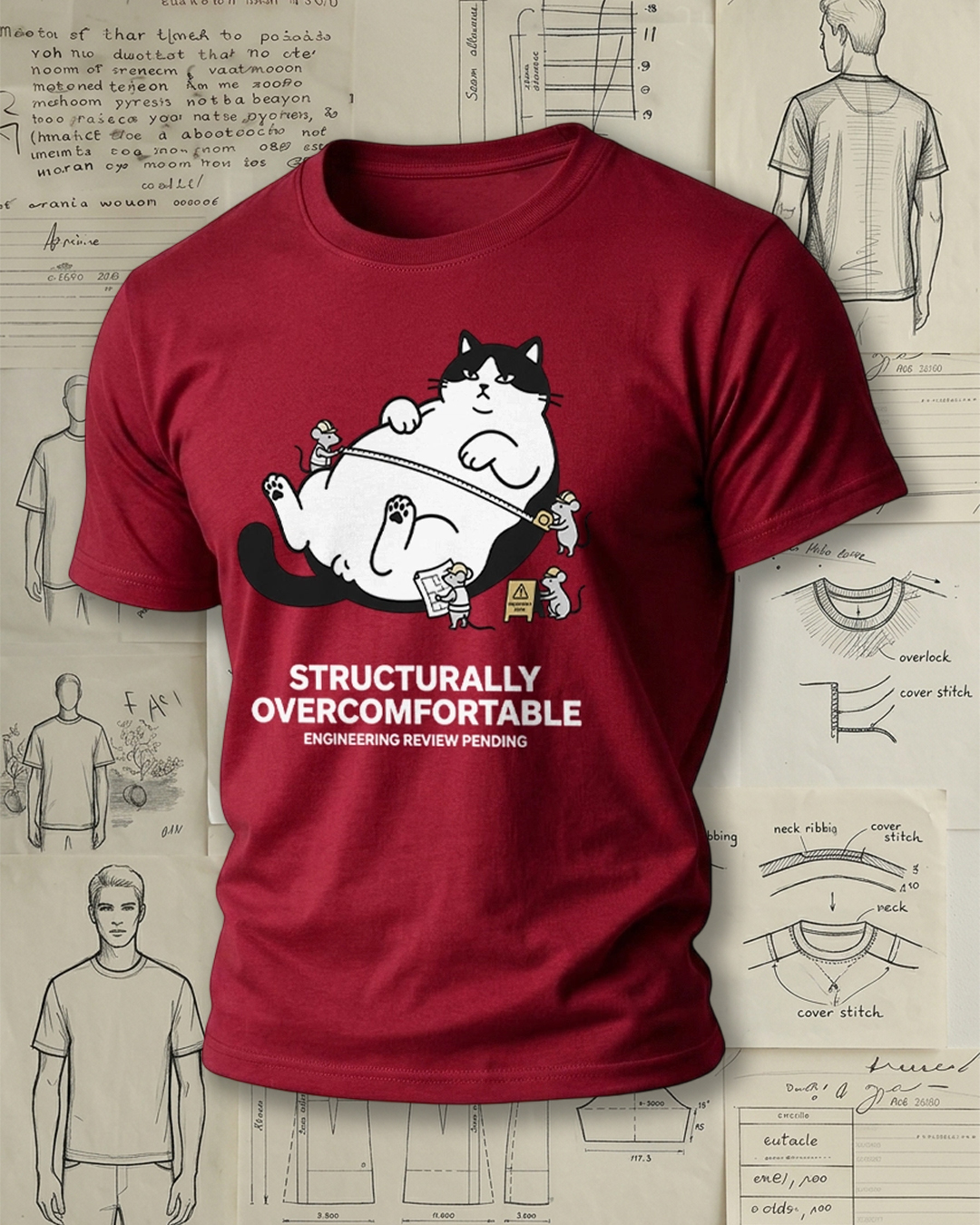 Fat Cat Lying Flat Engineering Meme Print Retro Funny Unisex T-Shirt