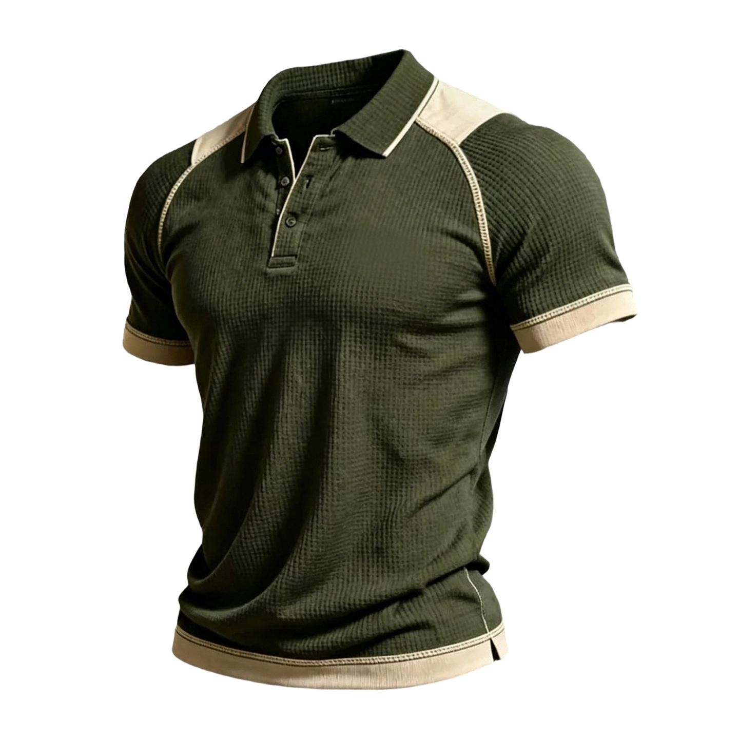 Men's Olive Waffle Knit Beige Contrast Polo