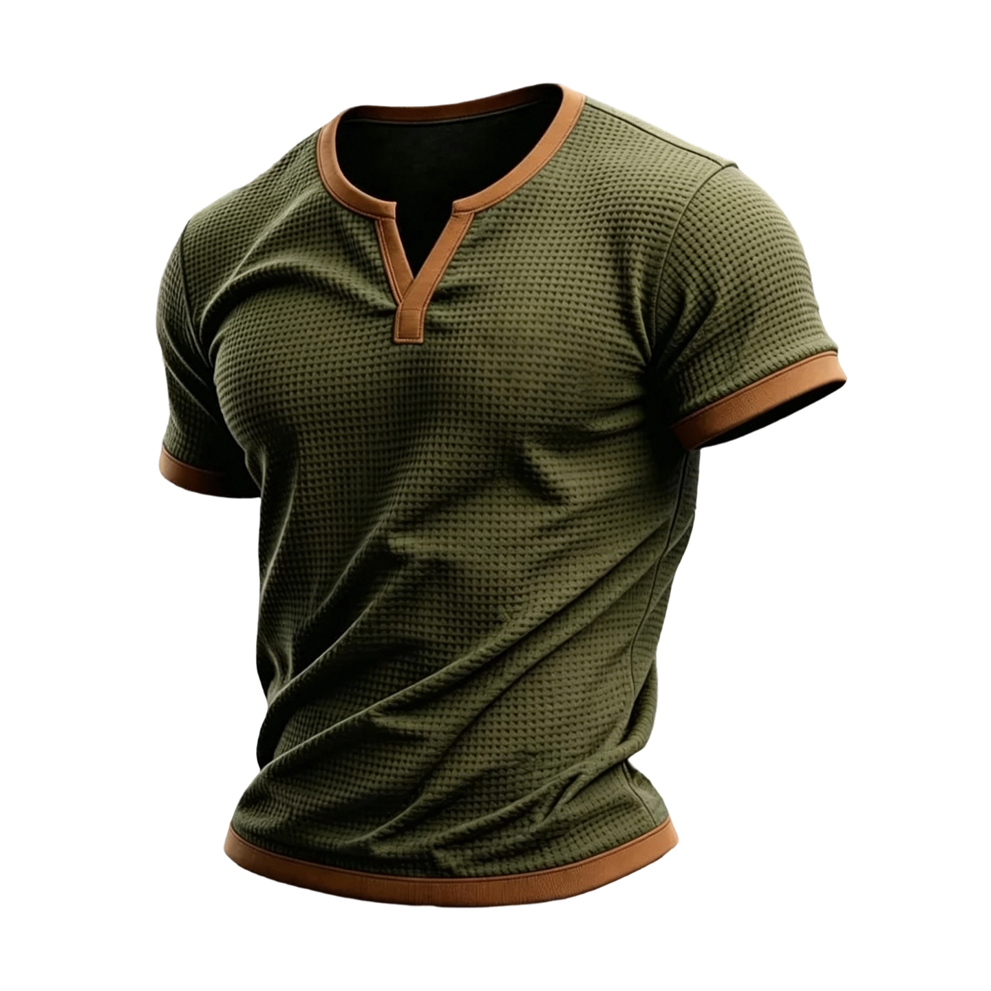 Men's Olive Waffle Knit Notch Neck Short Sleeve T-Shirt